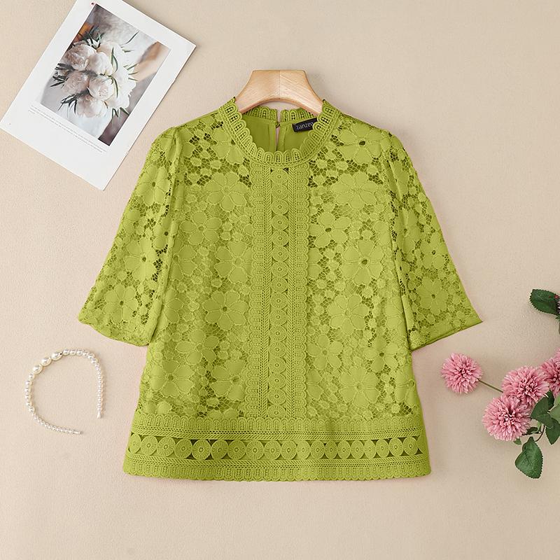 

ZANZEA Женская летняя блузка с ажурной кружевной вставкой, с коротким рукавом, повседневная зелёный