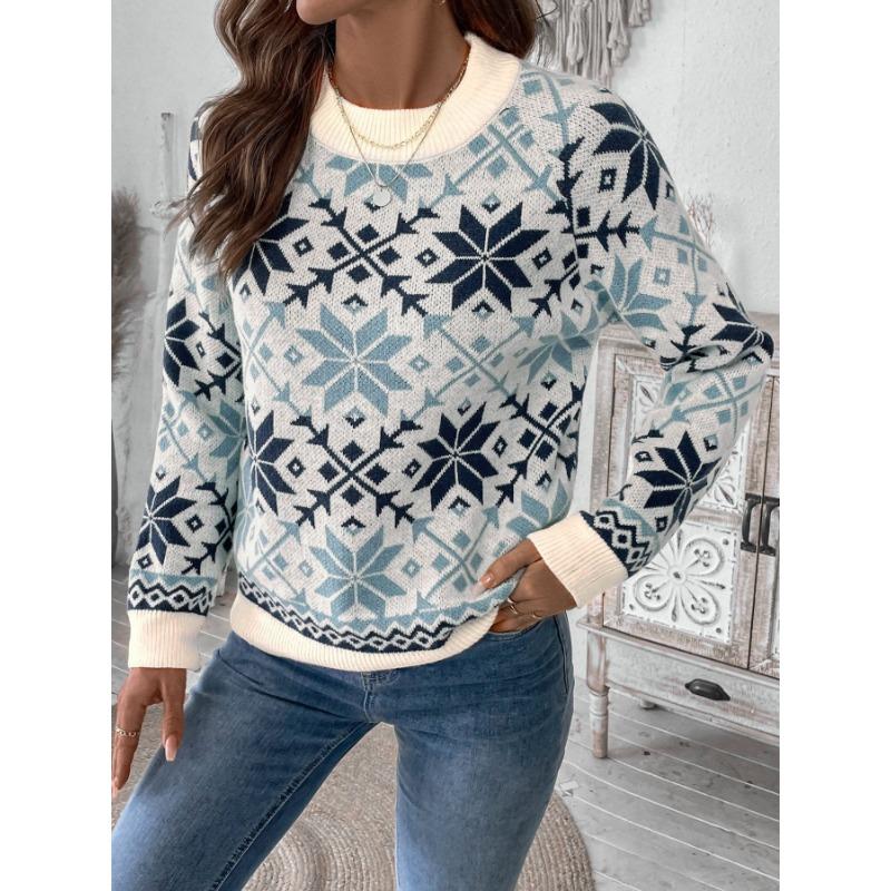 Women Vintage Nordic Style Long Sleeve Knit Sweater Snowflake Pattern