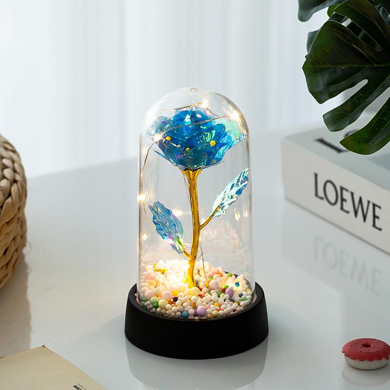 LED Gold Foil Rose with Crystal Glass Cover - Light-up Preserved Flower Ornament for Valentine's Day or Christmas Gift