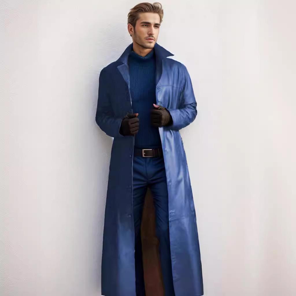 2024 Men's Extended Length PU Leather Jacket with Suit Collar - Casual Spring Fashion