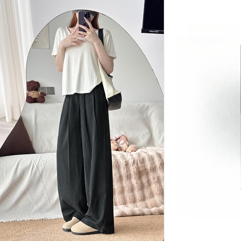 

Черные брюки широкие женские весна-осень новые с высокой посадкой свободные прямые XL