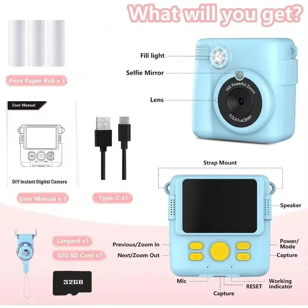 1080P HD Video Kamera Taşınabilir Anında Baskı Kamera Çocuklar İçin 3 Rulo Fotoğraf Kağıdı ve 32GB Kart ile Mükemmel Oyuncak Küçük Çocuklar