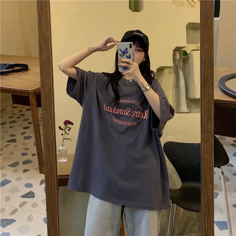 Sommer 2024 Koreanischer Retro Midilänge Locker Übergröße Trendiges Damen Kurzarm T-Shirt