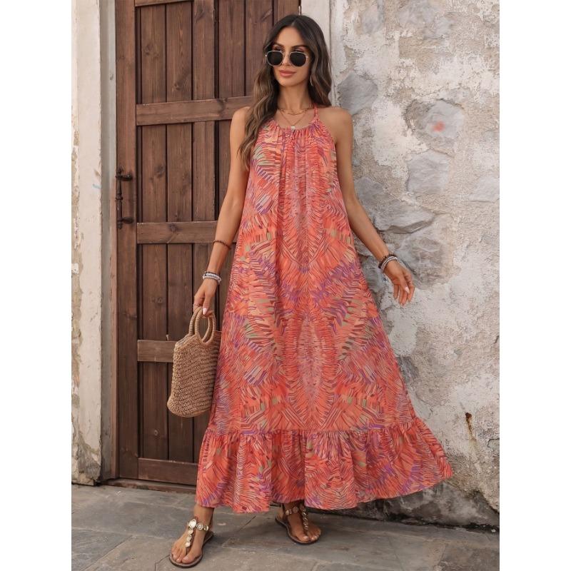 Bohemian Vacation Style Loose Abstract Print Halter Backless Long Dress For Women