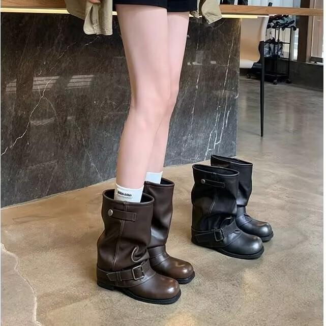 Grape Mother Studiolee Wasteland Wind Thick Bottom Heightening Width Big Tube Circumference Pile Boots Western Short Boots Women Autumn and Winter