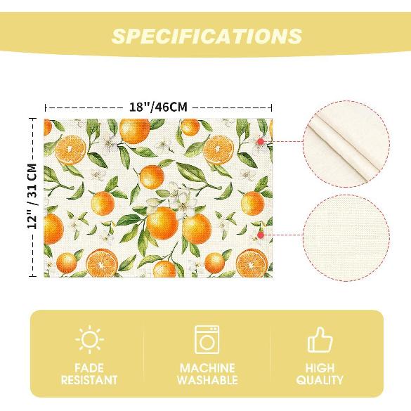 Artoid Mode Orange Fruit Summer Placemats Set of 4, 12x18 Inch Seasonal Spring Holiday Table Mats for Party Kitchen Dining Decoration