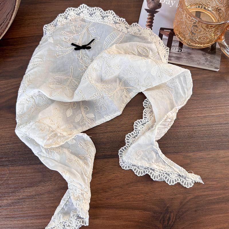 French Pastoral Lace Embroidered Bow Triangular Headscarf Female Head Mori Seaside Hair Accessories Photo Silk Scarf Headband