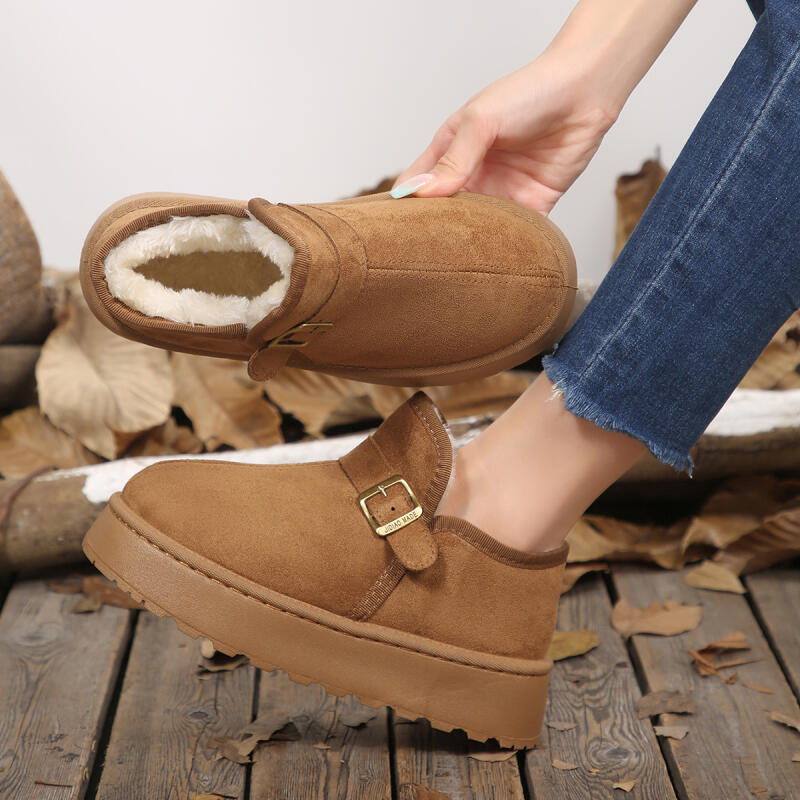 Fashion Comfort Thick Bottom Furry Snow Boots Women 2025 Winter Metal Buckle Chunky Platform Suede Ankle Boots Warm Plush Cotton Shoes