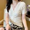 2023 Summer Women's V-Neck Ice Silk Knitwear, Slimming Half-Sleeve Top with Button Drawstring