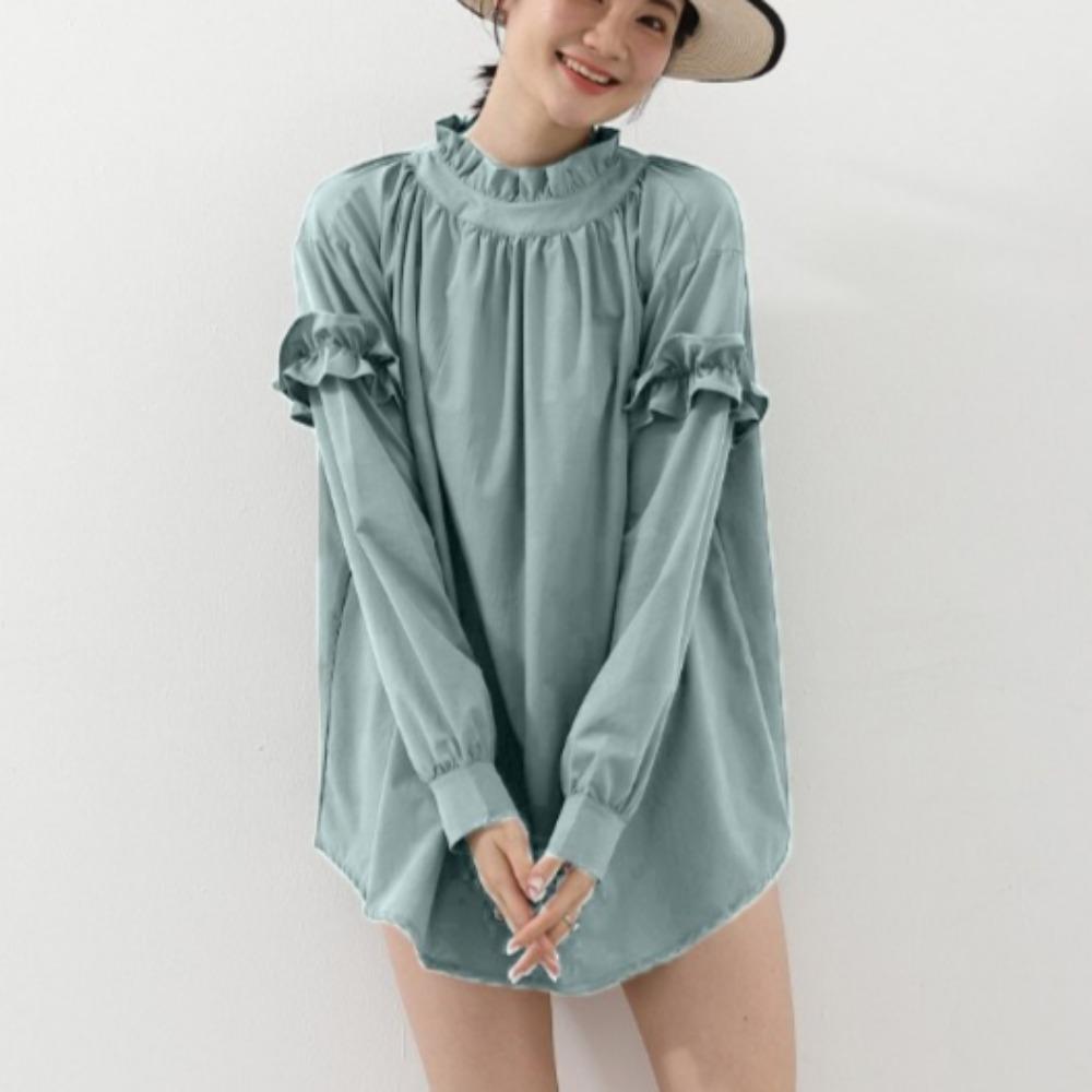 

Lotte Летняя быстросохнущая свободная однотонная блузка элегантная офисная рубашка с полувысоким воротником и длинным рукавом женская рубашка One Size озеро синий