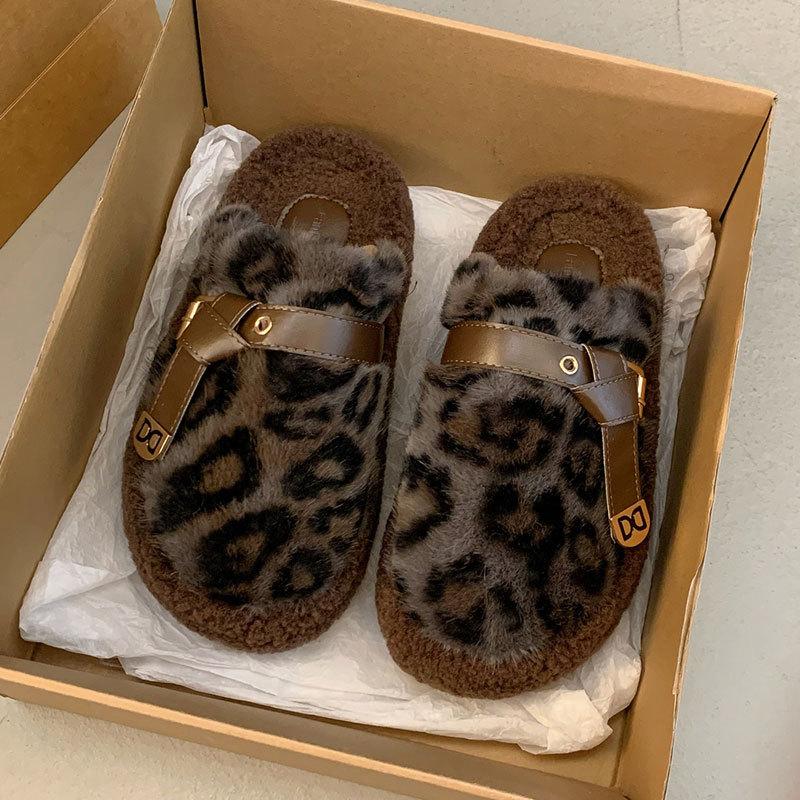 Mao Mao shoes women's winter velvet outer wear lazy one-pedal women's shoes 2025 new thick-soled leopard print bag head half slippers