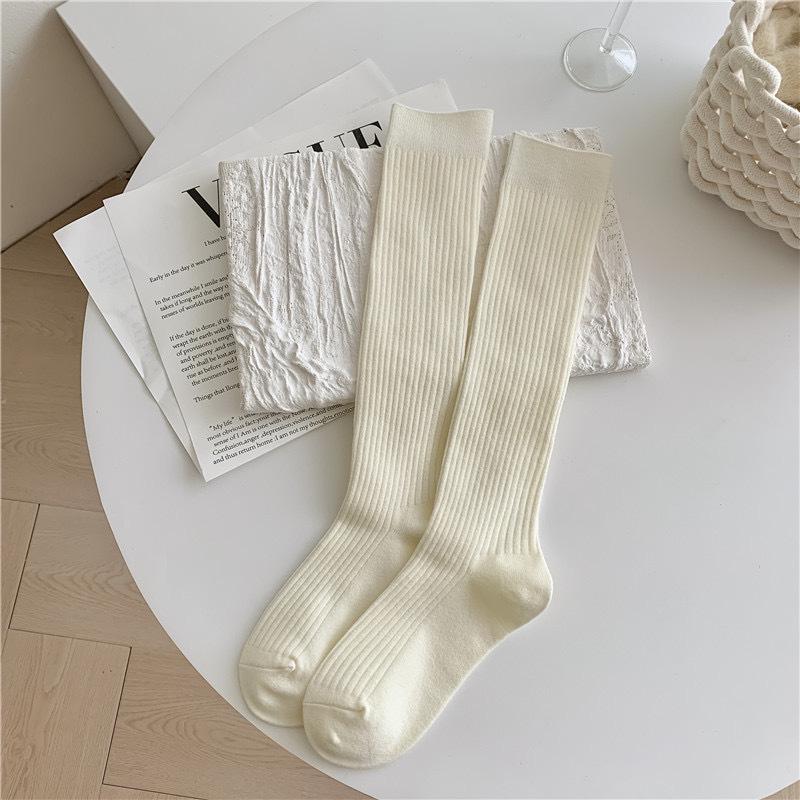 Damen Woll-Wadensocken - Japanisch Retro Gestreift, Uni, Langer Schaft für Herbst/Winter