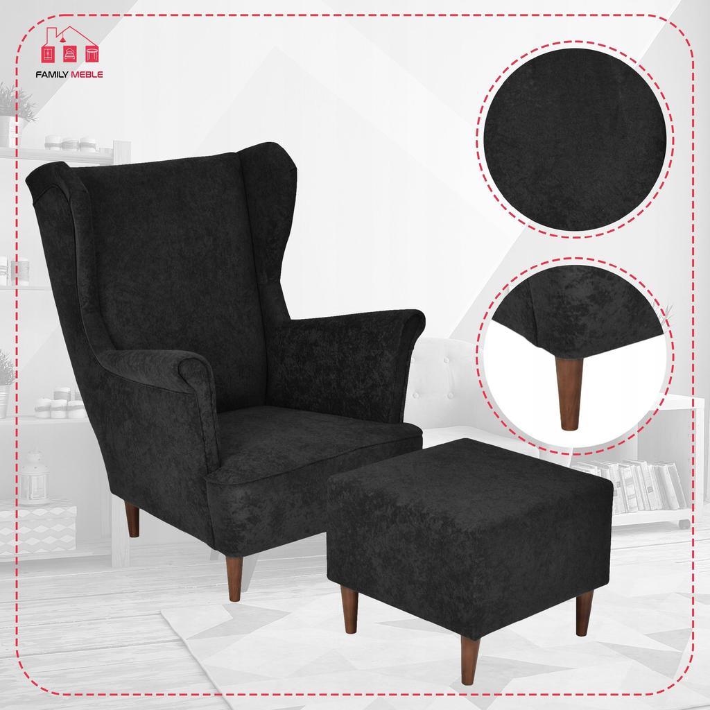 Fotel uszak MAX z podnóżkiem skandynawski Family Meble czarny welur