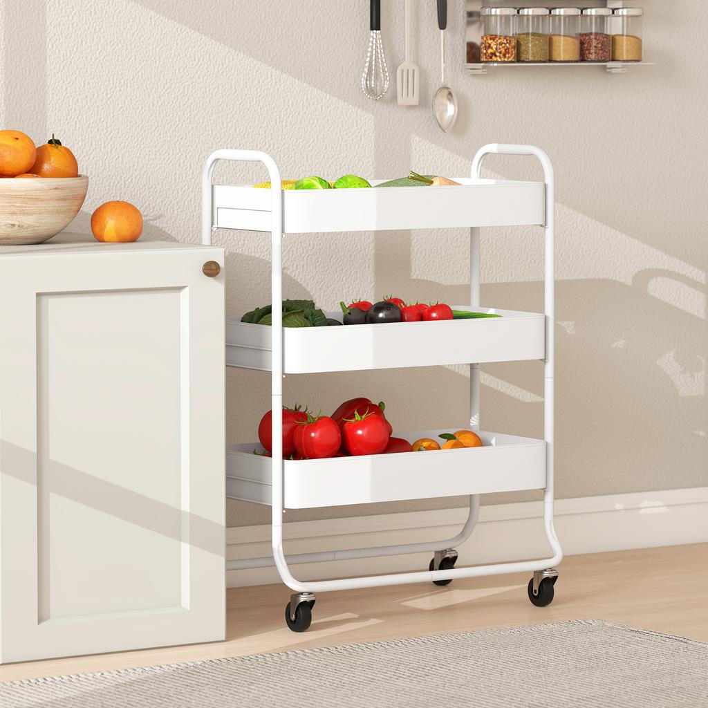 3-Tier Storage Trolley on Wheels, Rolling Utility Cart with Mesh Backets for Kitchen, Bathroom, Bedroom, White