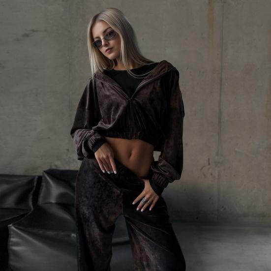 Dámská 2dílná velurová tepláková souprava Set mikin s kapucí na zip a kalhot se širokými nohavicemi Měkké sametové outfity