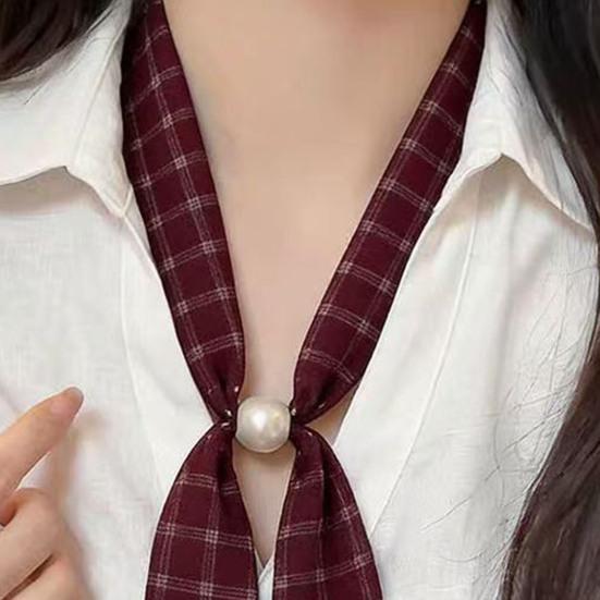 Women Scarf Imitation Pearl Buckle One-Piece Design Scarf Lightweight Chiffon Satin French Retro Black White Dot Neck Collar