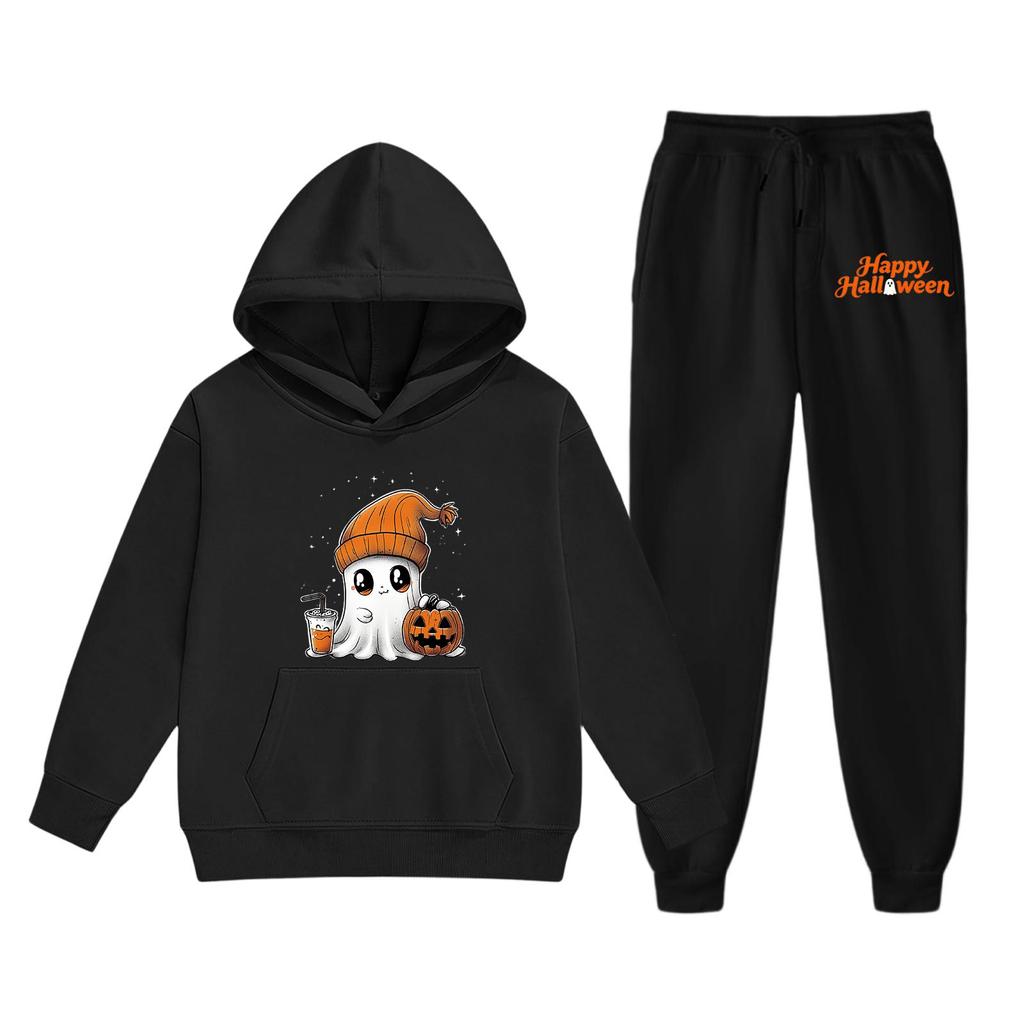 Kids Halloween Hoodie Set Long Sleeve Pullover Top and Pants with Ghost Pumpkin Print Comfortable Fit for Boys and Girls