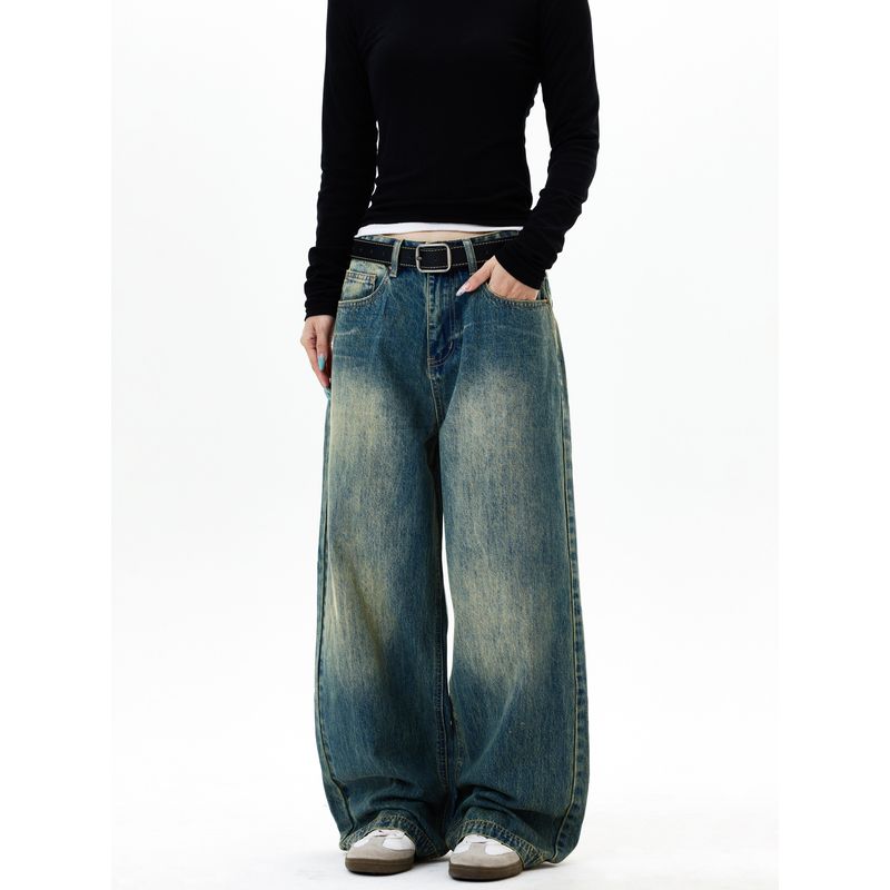 Kisko American-Style Washed Cleanfit Drape Straight-Leg Jeans Unisex Trendy Brand Loose Straight-Leg Versatile Pants