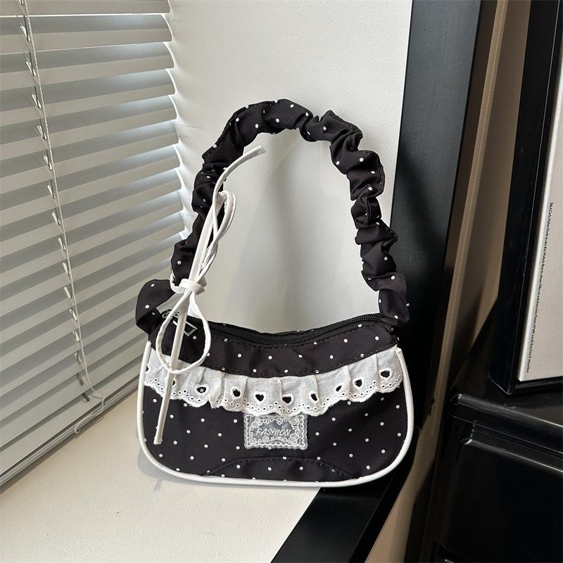 Lace Polka Dot Shoulder Bag Stretchable Strap Large Capacity Pleated Underarm Bag Multi-Color French Stick Handbag Purse