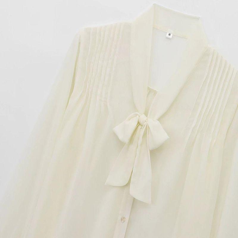 Kaslead New Arrival Women's Fashion Style Stylish Simple and Versatile Wrinkle V Neck Bows Translucent Shirt