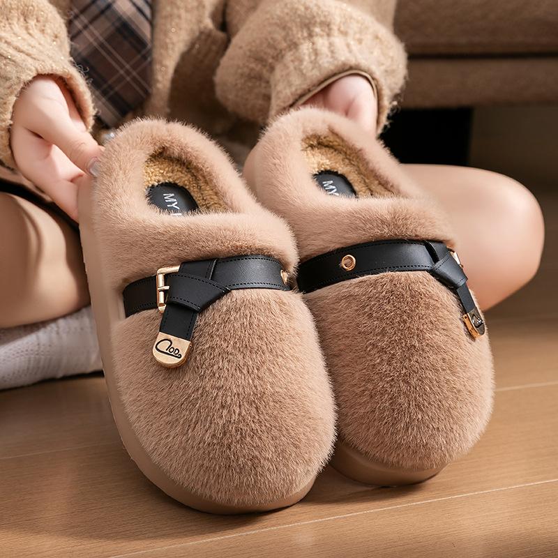 Plush Cotton Slippers Autumn and Winter Fashion Belt Buckle Home Non-slip Super Warm Can Not Lose Hair Thick Bottom Plush Slippers