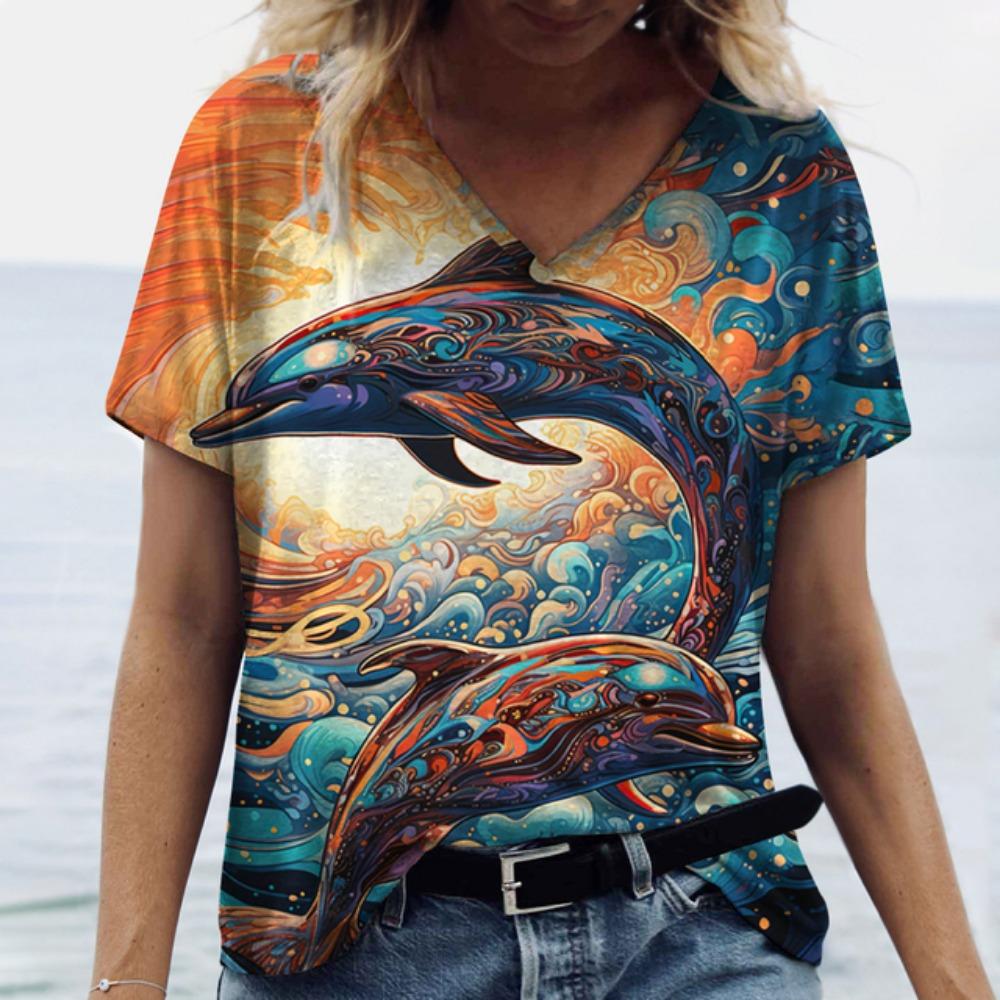 Women's T-Shirts Dolphin Print Tops V-Neck Fashion Female Vintage Aesthetics Tees Loose Oversized Funny Clothing