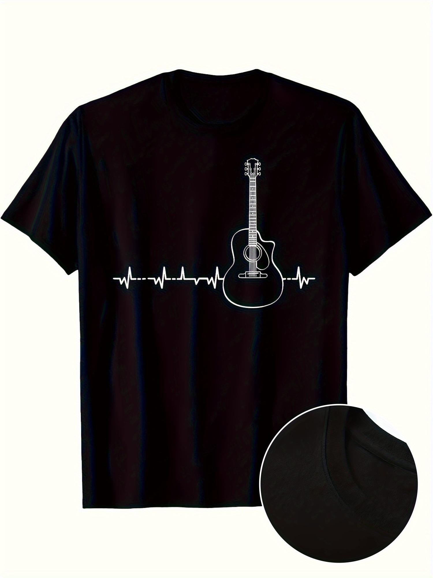 Guitar & Heartbeat Pulse Music Theme T-shirt - Black with White Graphic Print XXXXL