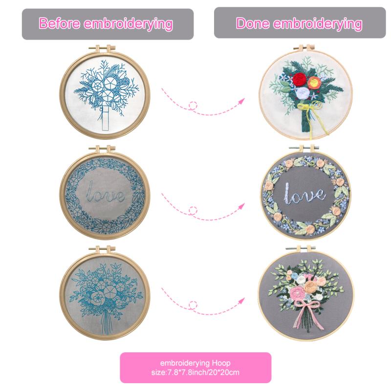 3pcs Cotton And Linen Floral Embroidery  Kit Diy Material Package 20cm Bamboo Embroidery Hoop