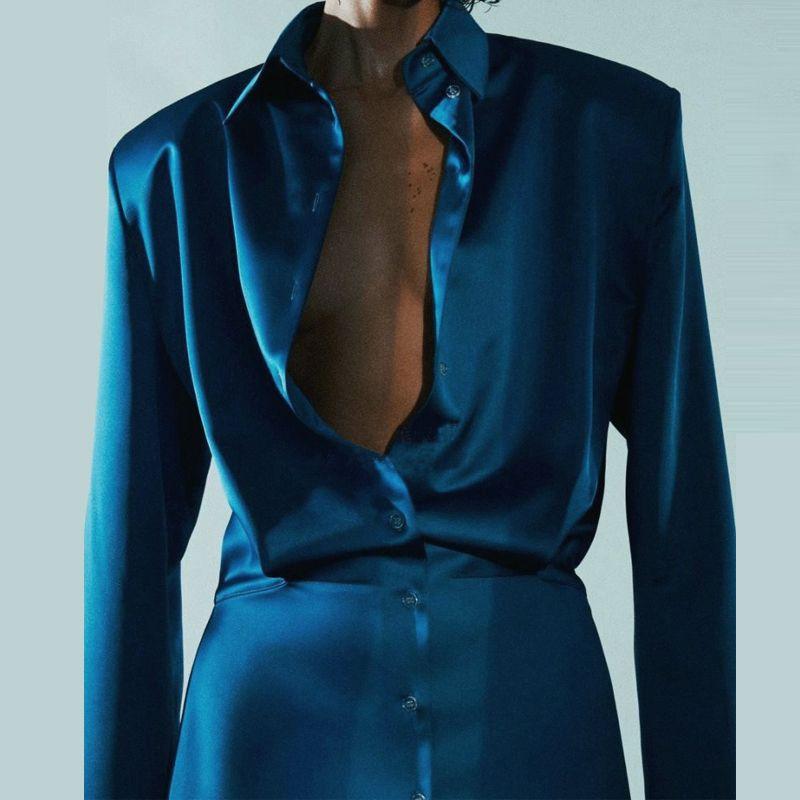 Shirt Dress 2025 Spring New Arrival Dark Blue Long Sleeves Silm Slim Looking Short Temperamental Skinny Hip Skirt Women