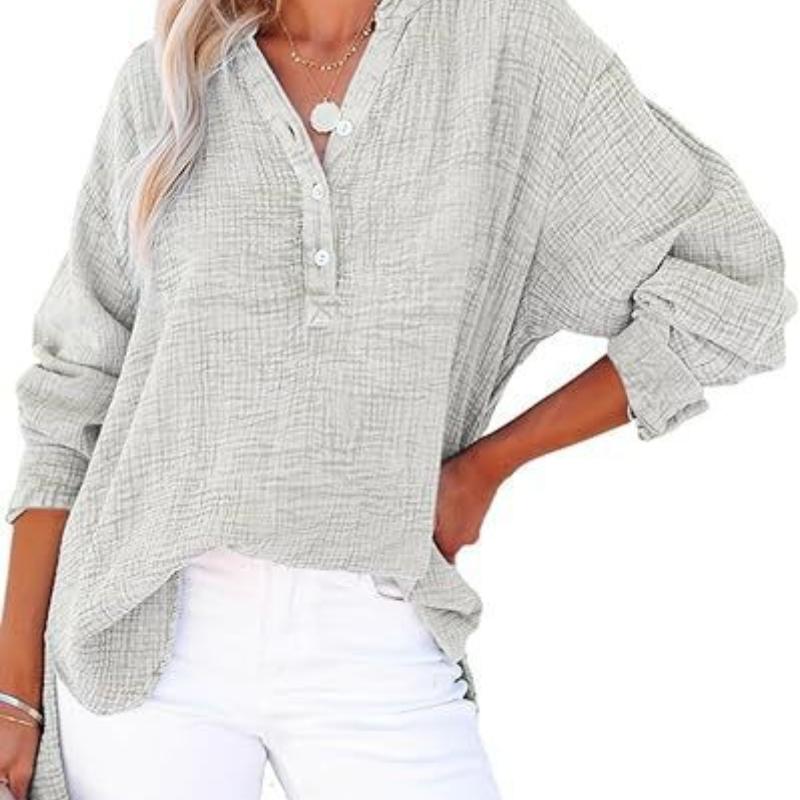 Spring and Autumn pleated button long sleeved solid color top women's shirt loose pure cotton pullover