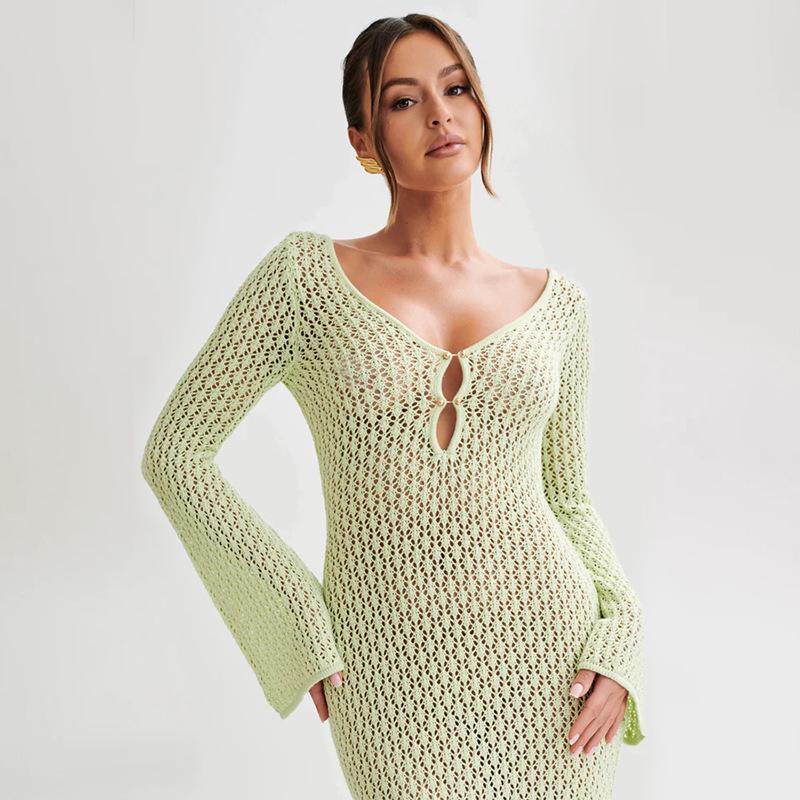 European & American Autumn/Winter Sexy Backless Knitted Long Dress Beach Cover-up