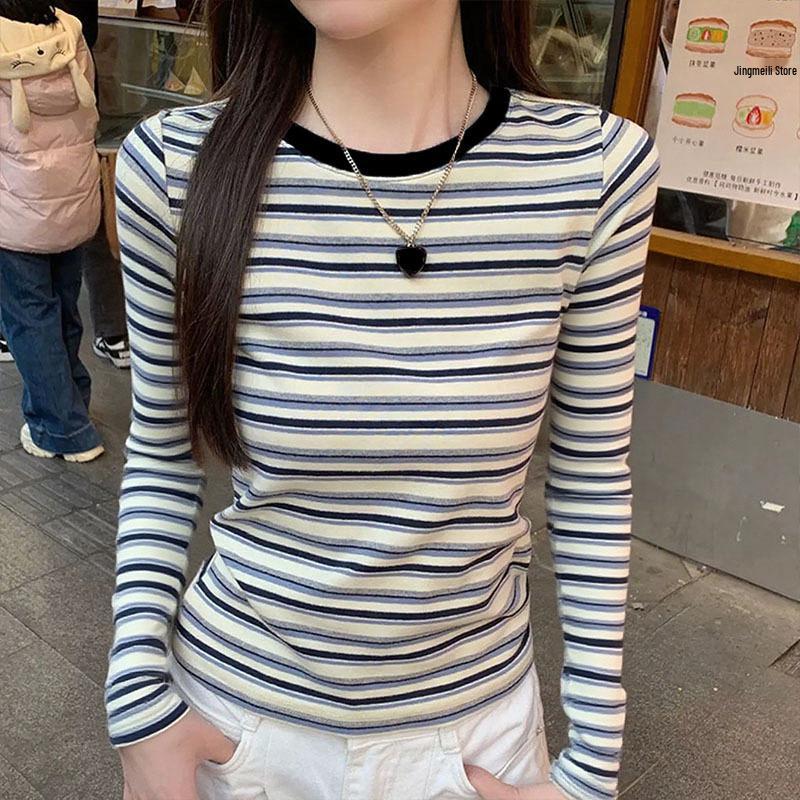 Women's Retro Color Block Striped Long Sleeve Slim Fit T-Shirt