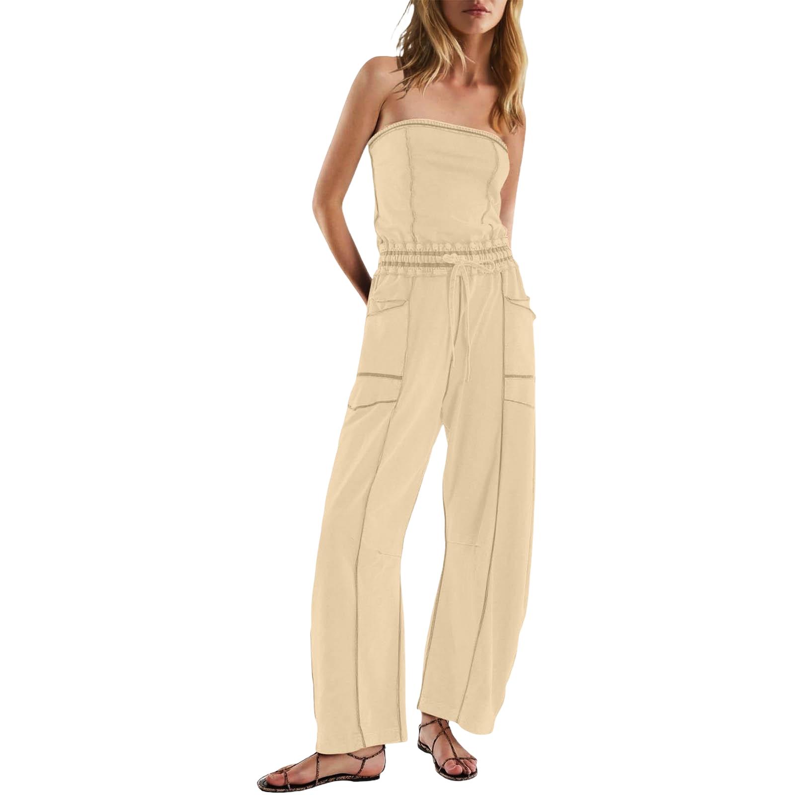 Women s Strapless Off-Shoulder Jumpsuit One-Piece Romper with Pockets L