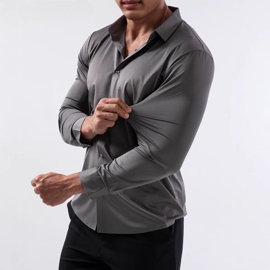 100KG Non-Iron Four-way High Stretch Men's Long Sleeve Shirt Silky Soft Sommth Blue Black Business Party Wedding Male Clothing