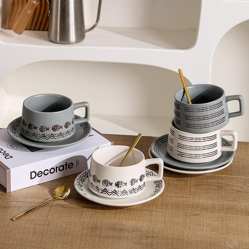 Retro fish ripple coffee cup ceramic art cup and saucer set tableware high value posing good things.