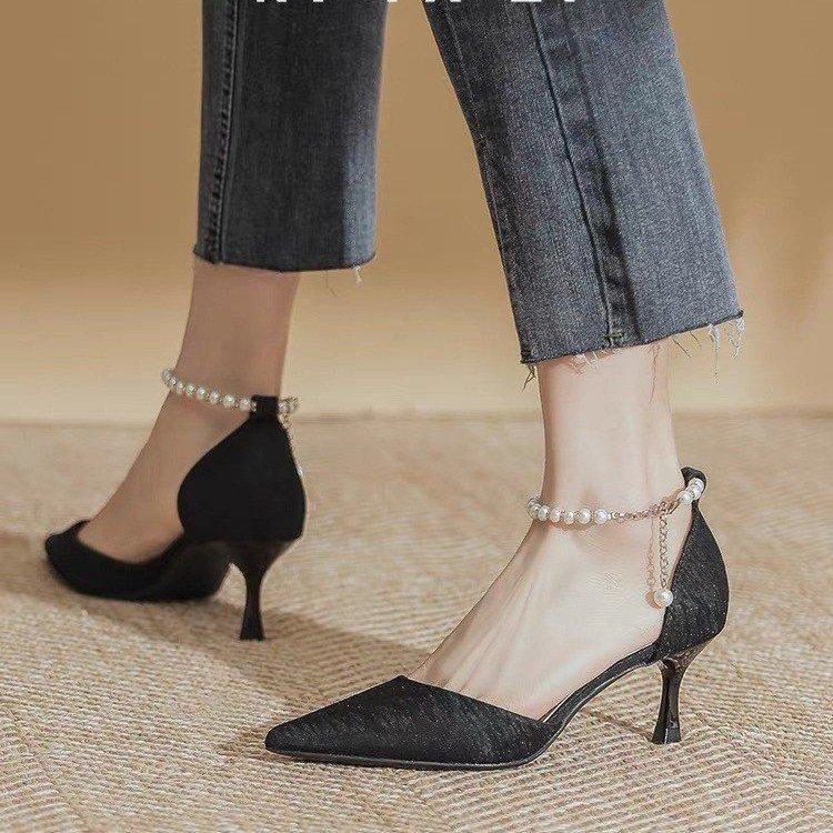 Fashion High Heeled Women's 2025 Spring/summer New Style Fairy Style Pointed Thin Heel Pearl Straight Strap Hollow Toe Sandals