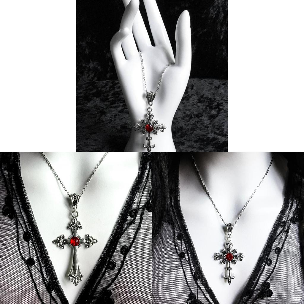 Gothic Large Baroque Silver Cross Pendant Necklace For Women With Geometric Design And Glass Charm