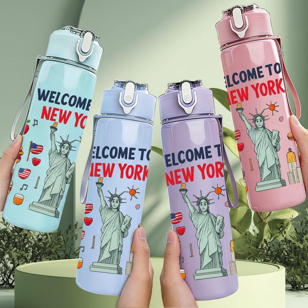1PC Welcome To New York Letter 750ml Color Plastic Sports Water Bottle Leakproof Flip Straw Lid Suitable for Sports Office Home Use