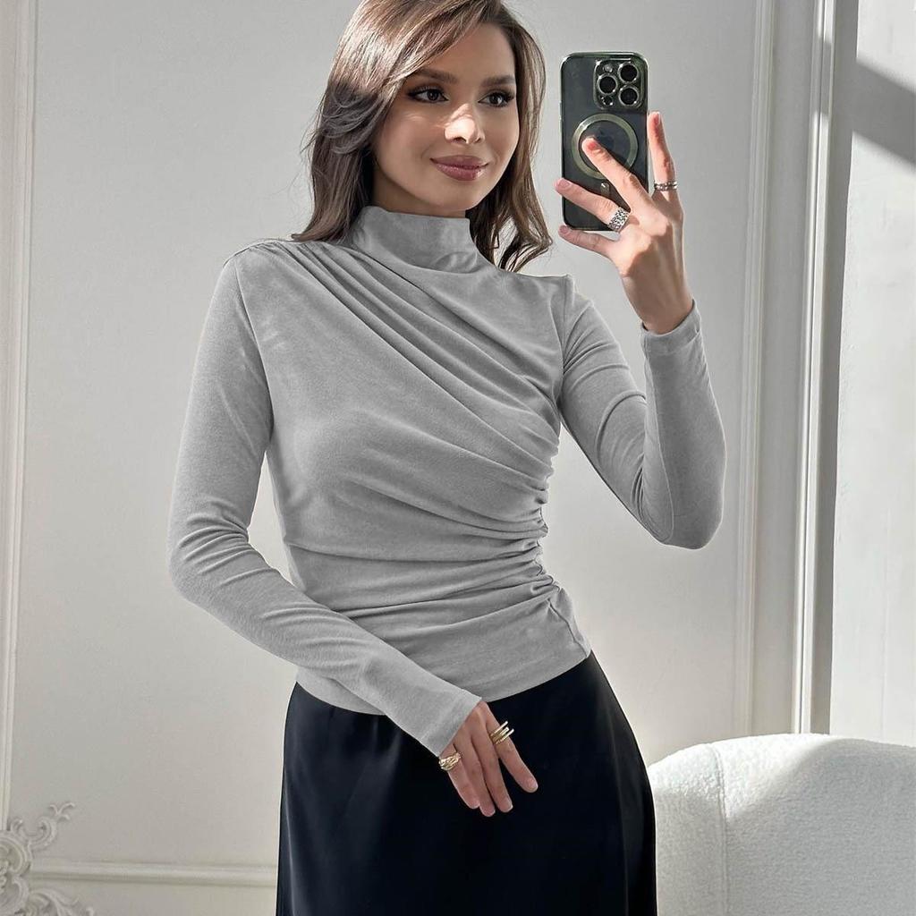 European and American Women's Long-Sleeve Stand-Up Collar Slim Fit Top