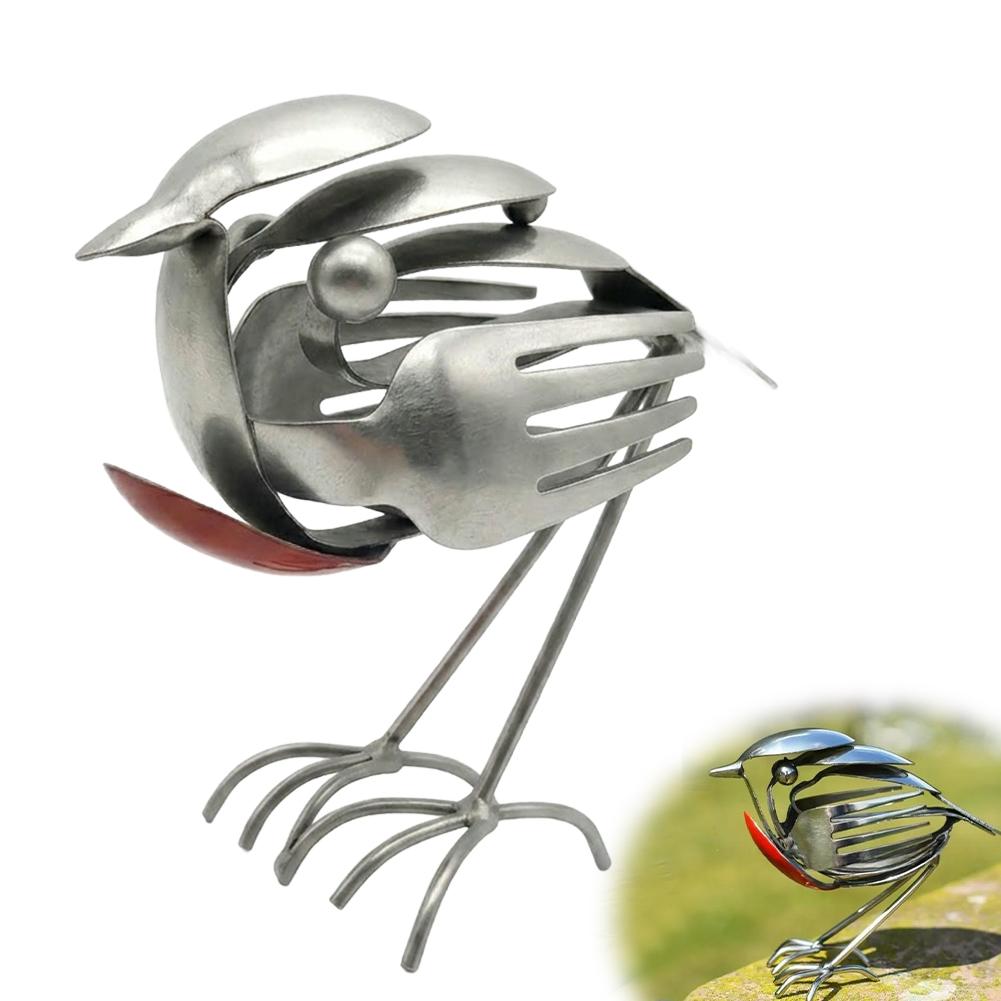 Mockingbird Metal Art Sculpture Handmade Stainless Steel Spoon Fork Mockingbird Desk Dining Table Office Desktop Small Ornament
