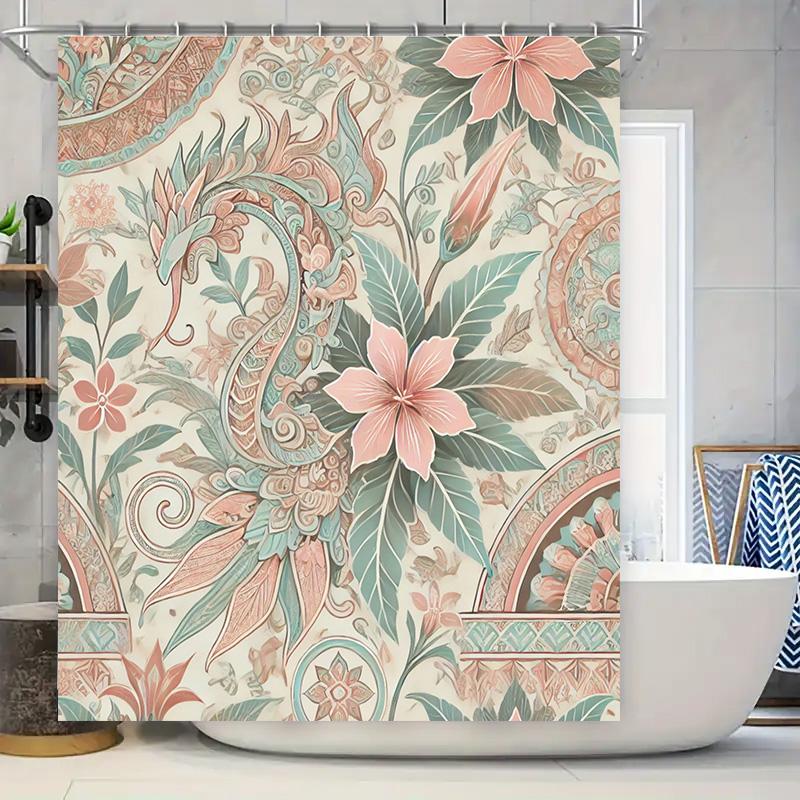 

Beautiful Floral Vintage Shower Curtain Pink Green Blue Mandala Pattern Home Decor Waterproof Bath Matting Room Decoration W60H190(CM)-1 Pcs