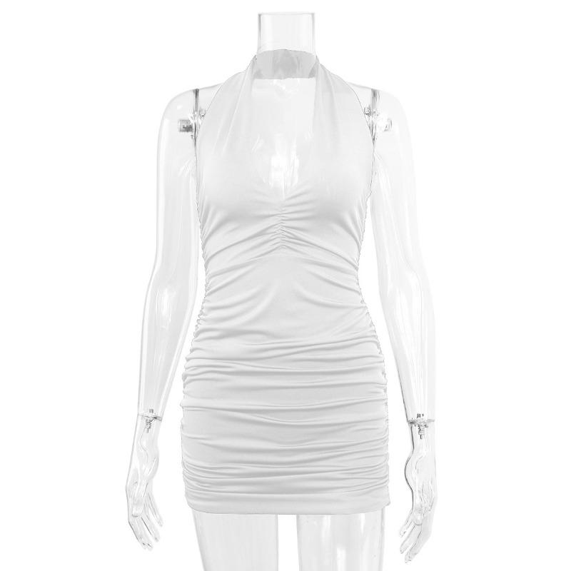 Summer Women's Dress V-Neck Hanging Neck Backless Strapless Sexy Simple Pleated Dresses