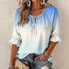 Women's Fashion Round Neck Tie Gradient Print Ruffle Three-Quarter Sleeve Blouse