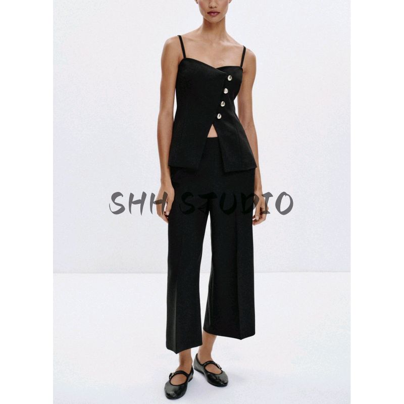 Fall New Women's Clothing Fashion Style A- line Hem Sling Button V Neck Spaghetti Strap Tops 8324696