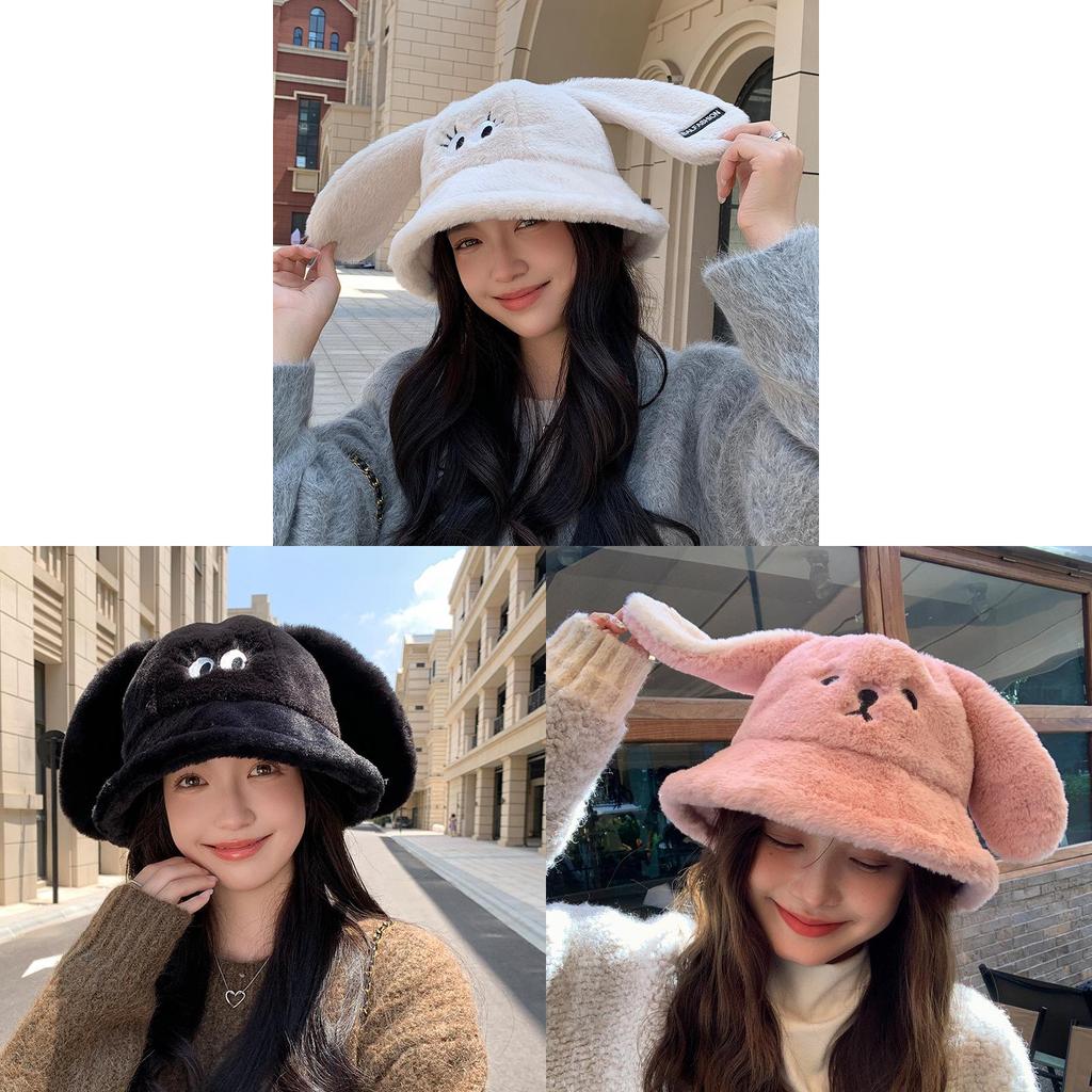 Korean Style Plush Rabbit Ears Bucket Hat With Warm Windproof Function For Outdoor Winter Wear