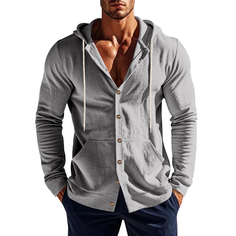 Cárdigan con capucha y cordón para hombre, cierre de botones al frente, manga larga, bolsillo, sudadera casual