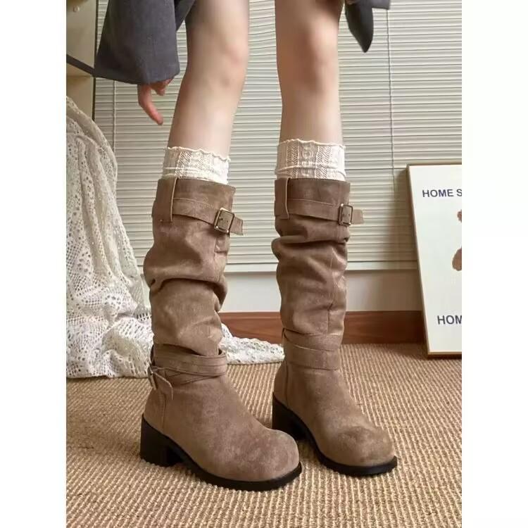 Vintage Pile Boots Western Cowboy Boots Summer 2025 New Tall Boots Women's Boots Small Khaki Boots