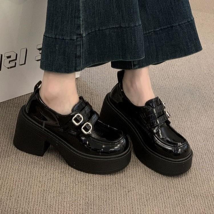 Platform popular loafers women's spring 2025 new super high heel belt buckle British style ins small leather shoes