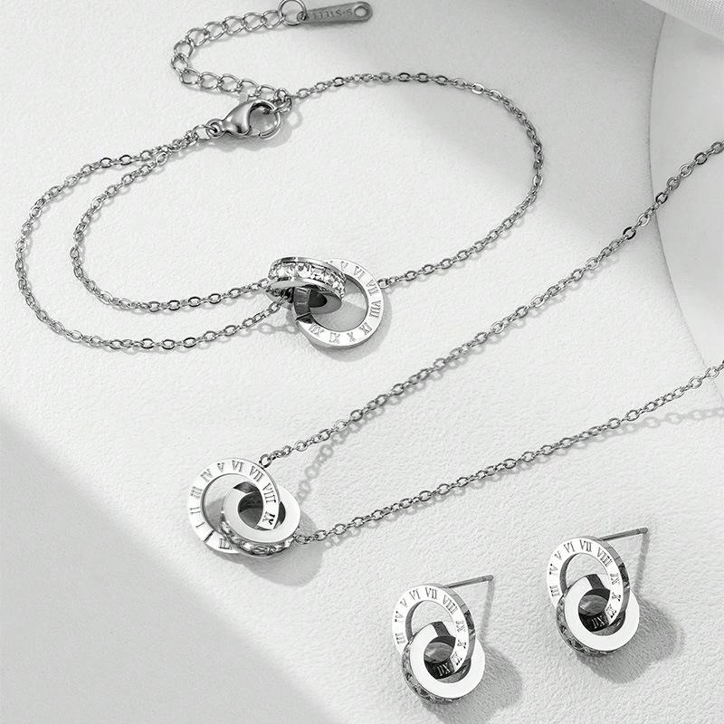 Yupsk 4Pcs/Set Stainless Steel Circles Roman Numbers Necklace Bracelet Earrings for Women Simple Versatile Daily Jewelry