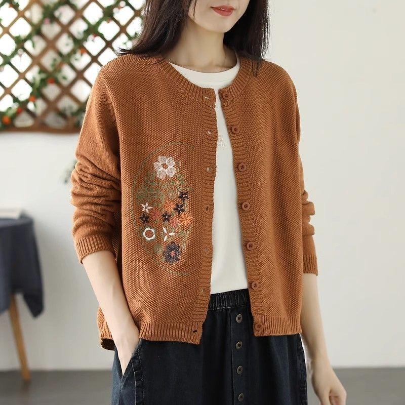 Sweater Knit Cardigan Women Loose Versatile Embroidery Round Neck Single-breasted Long-sleeved Sweater Coat